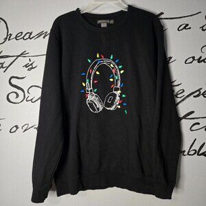 French Connection Holiday Sweatshirt Headphone with Christmas Lights Graphic, XL